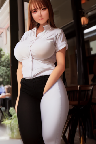 full body photo of a petite thick attractive 18 year old with massive heavy boobs in a caffe bar braless side boob