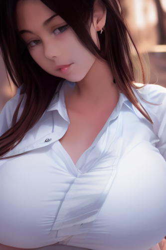 full body photo of a petite thick attractive 18 year old with massive heavy boobs in a caffe bar braless side boob