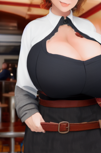 full body photo of a petite thick attractive 18 year old with massive heavy boobs in a caffe bar braless side boob