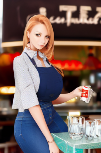 full body photo of a petite thick attractive 18 year old with massive heavy boobs in a caffe bar braless side boob